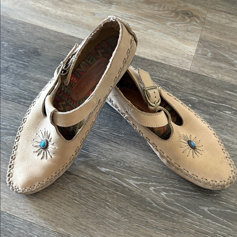 Tan Leather Mary Jane Shoes with Turquoise Accent